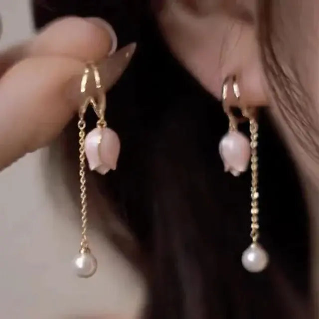 Gold Floral Pearl Drop Earrings